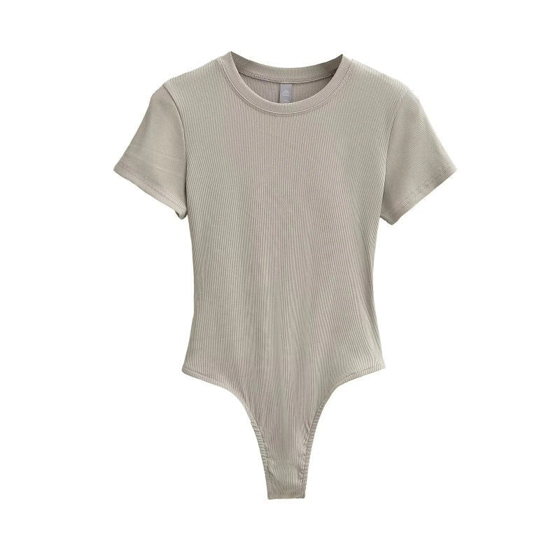Bodysuit in Stretch Cotton with Short Sleeves - greige front view