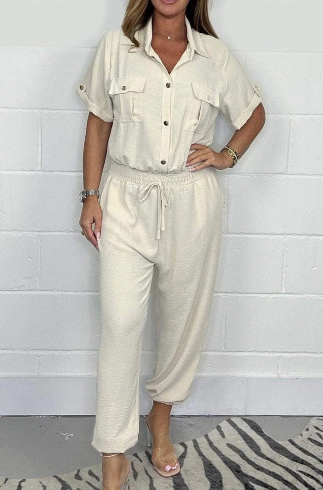 Utility Shirt Jumpsuit with Drawstring Waist - white front view