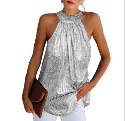 Halter Tunic Top in Metallic Pleated Finish - Silver front view