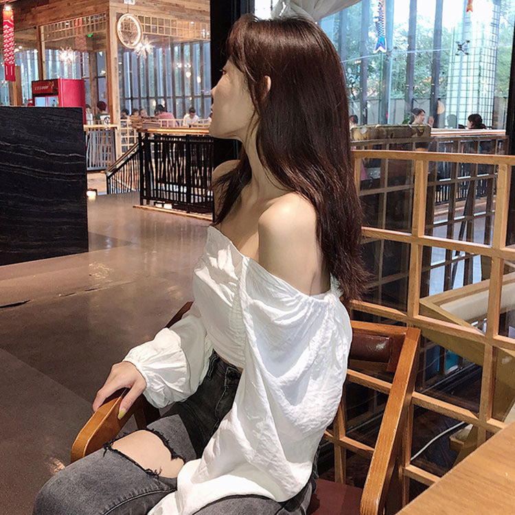 Top with Ruched Bardot Neckline and Lantern Sleeves - white side seated view