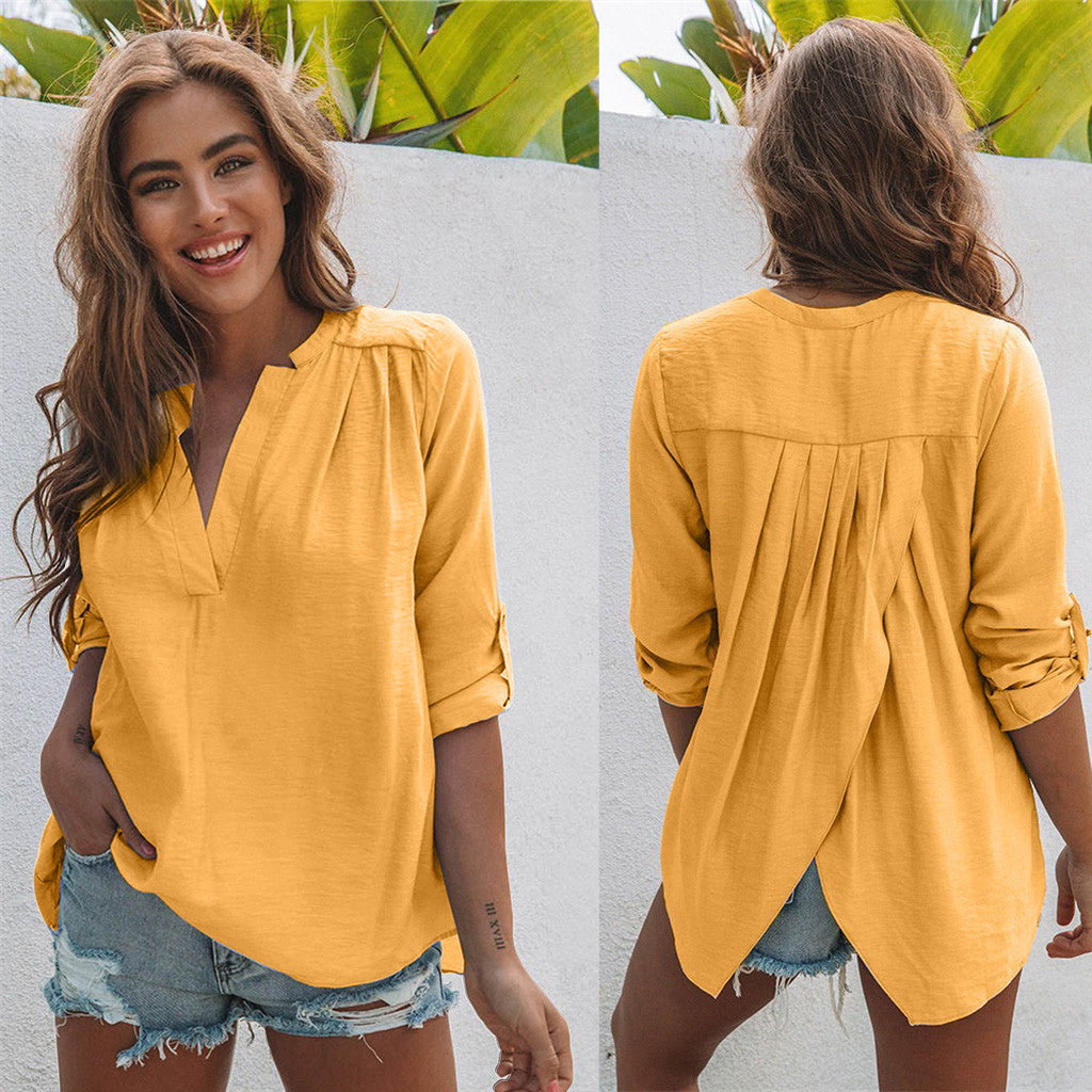 Blouse with V-Neck Twist-Back and Rolled Sleeves - yellow front and twist-back view