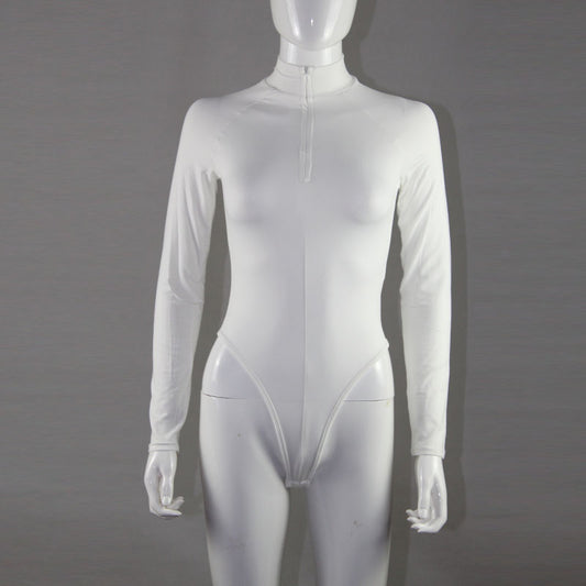 Bodysuit in White with Mock Neck and Long Sleeves - white front mannequin view