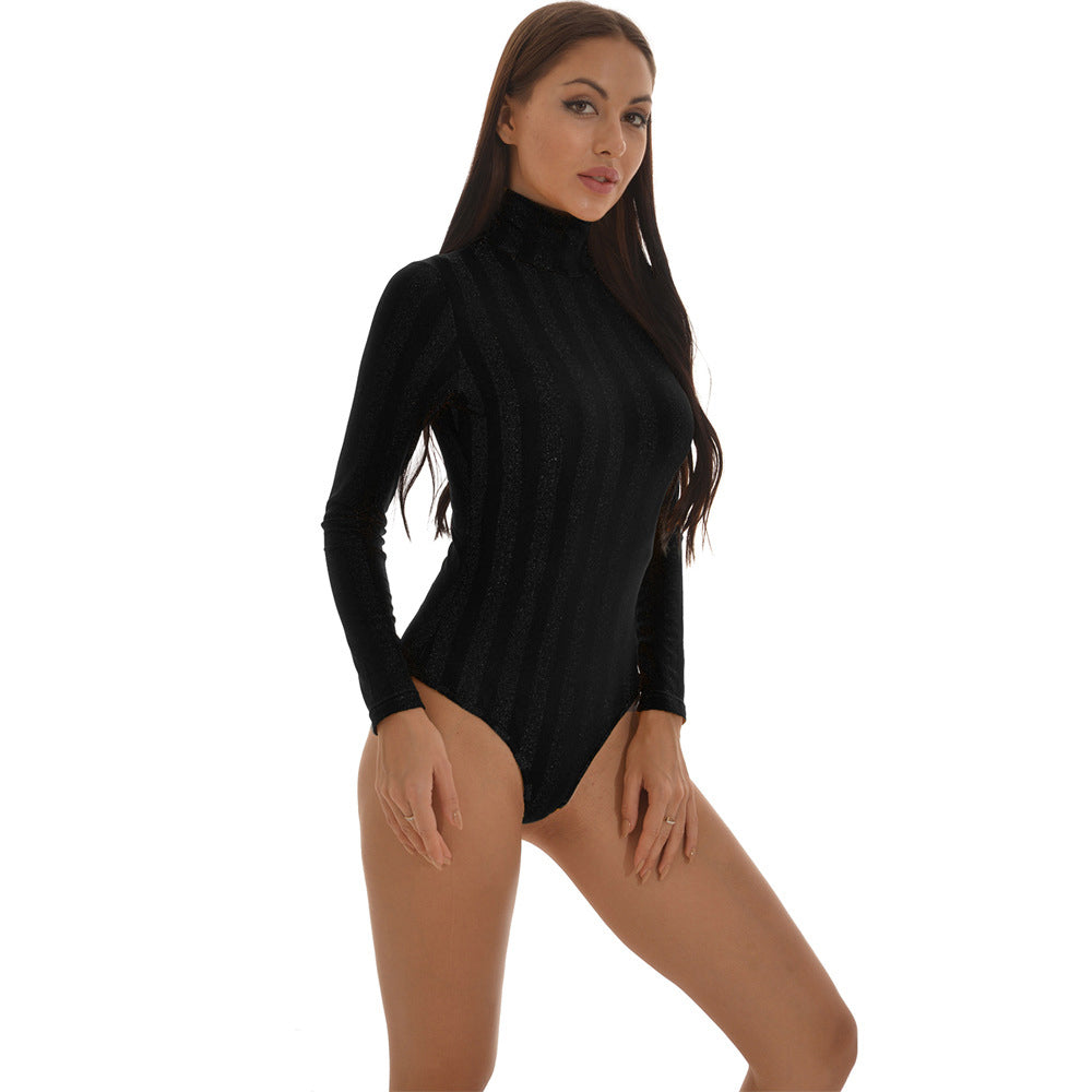 Bodysuit with Ribbed High Neck and Long Sleeves - black side view