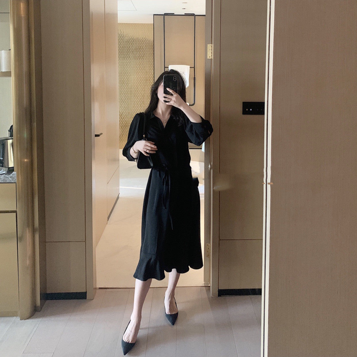 Midi Shirt Dress with Tie Waist and Fishtail Hem - black full-length mirror view