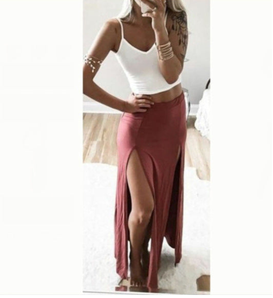 Maxi Skirt with Double Front Slits in Black or Dusty Pink - dusty pink front view