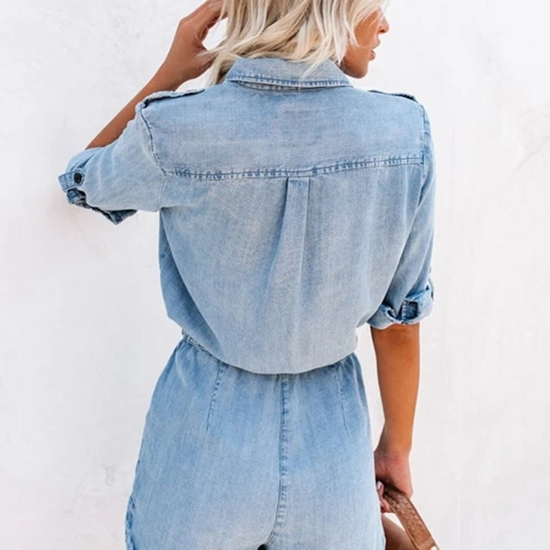 Playsuit in Washed Blue Denim with Drawstring Waist - washed blue back view