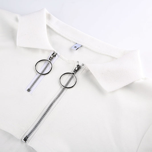 Cropped Polo Top with Double Ring Zip in White - white collar and double ring zip close-up