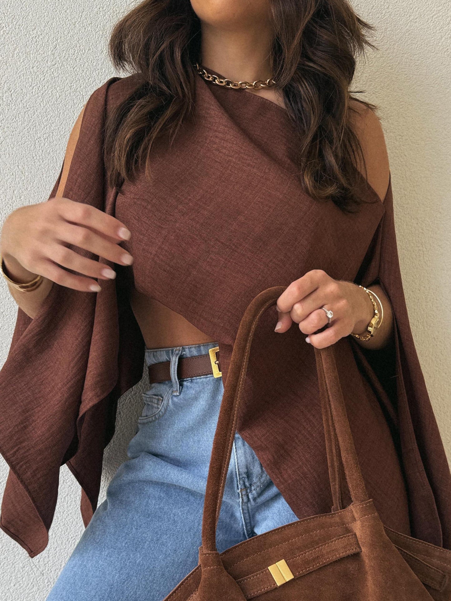Brown Asymmetric One-Shoulder Drape Top — detail of the cropped front and longer draped side
