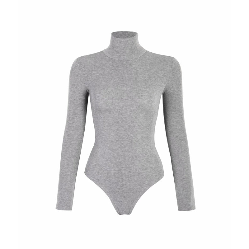 Bodysuit in Stretch Cotton with High Neck and Long Sleeves - grey flat lay
