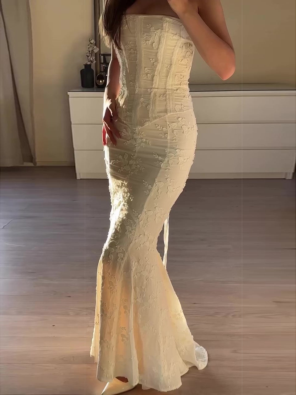 Maxi Skirt Set in Ivory with Strapless Embroidered Top - ivory side angle