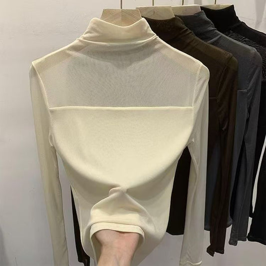 Mesh Top with Semi-High Neck and Long Sleeves - white front hanger view