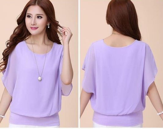 Blouse in Layered Chiffon with Batwing Sleeves - purple front and back view