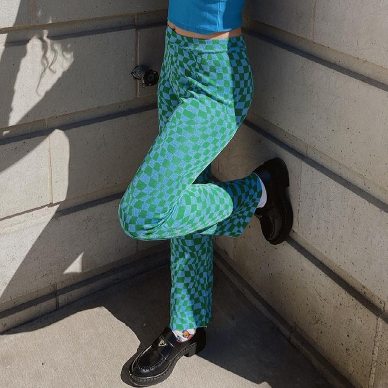 High-Waist Printed Wide-Leg Trousers - cyan grid angled full-length view