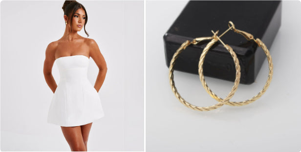 Mini Dress with Bandeau Neckline and Sculpted Skirt - white set with hoop earrings