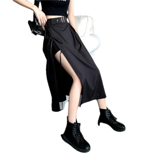 Midi Skirt in Black with Belted Asymmetric Split - black side view with movement