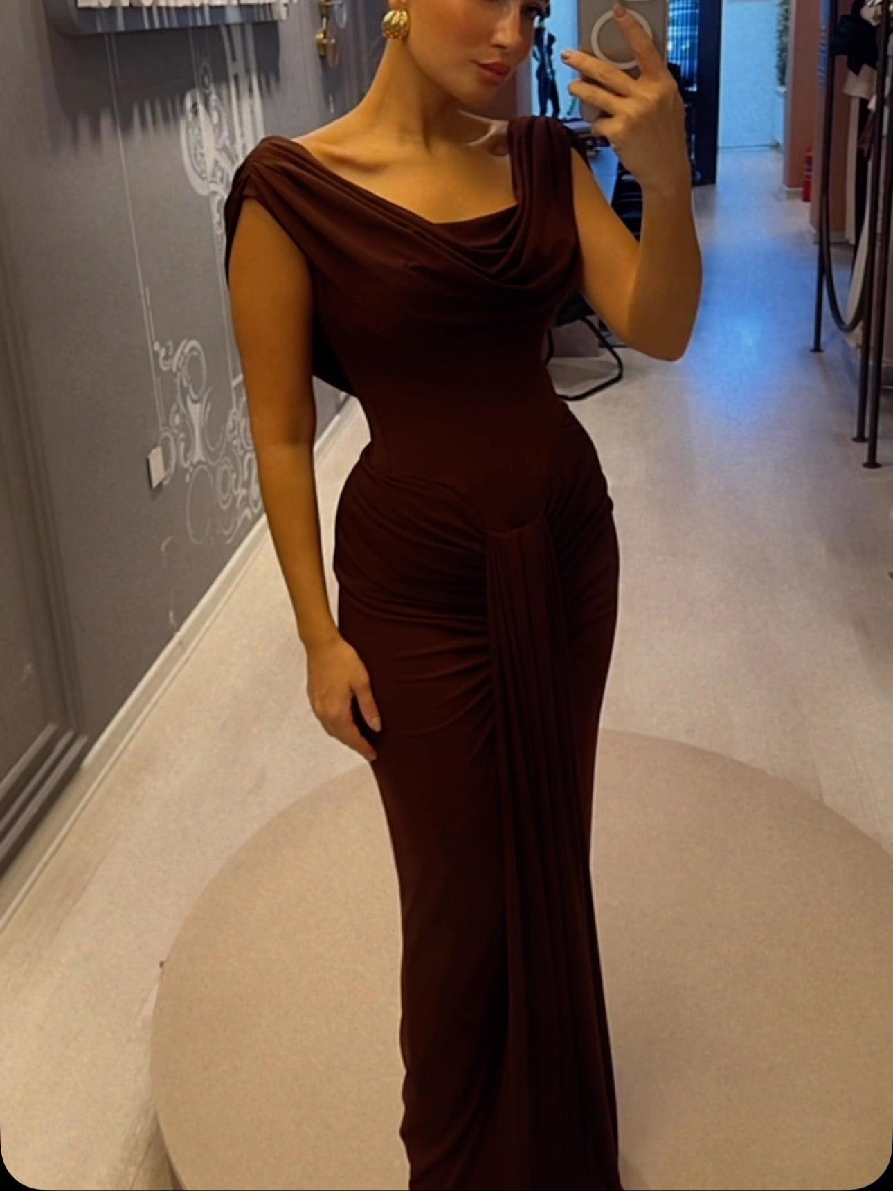 Draped-Cowl Open-Back Maxi Dress in Chocolate Brown - chocolate brown mirror fit view