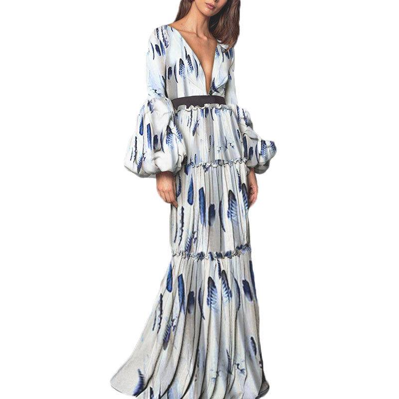 Maxi Dress in Blue Brushstroke Print - grey studio cutout