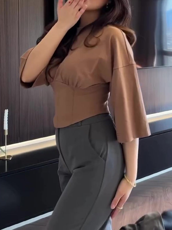 Peplum Crop Top with Flared Short Sleeves - brown side view