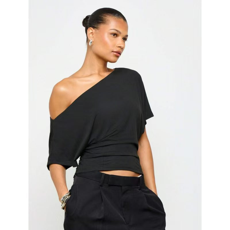 One-Shoulder Top with Twist-Hem Drape - Black front view