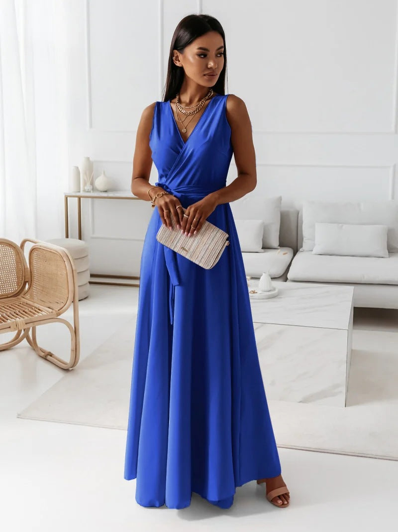 Maxi Dress with Wrap V-Neck and Tie Waist - blue front view