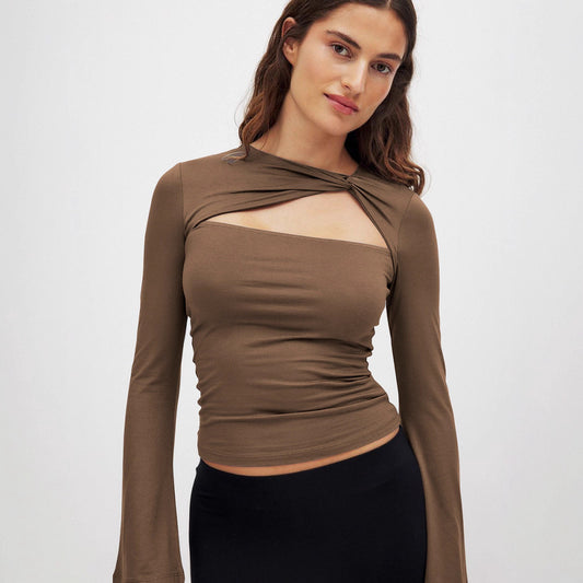 Top with Twist Cut-Out Neckline and Long Sleeves - brown front view