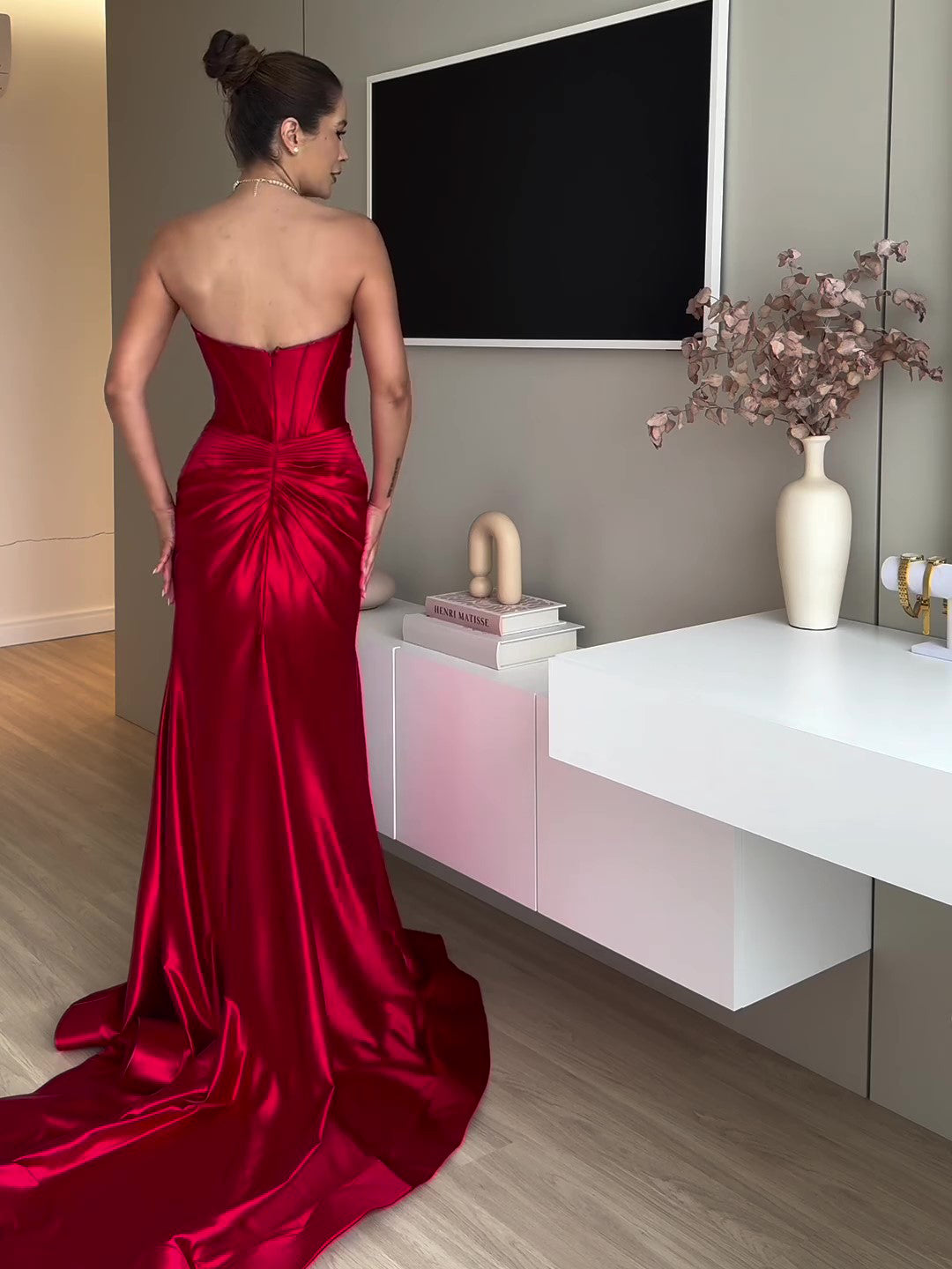 Maxi Evening Dress in Red Satin with Slit and Sheer Bodice - red satin back view with gathered drape and train
