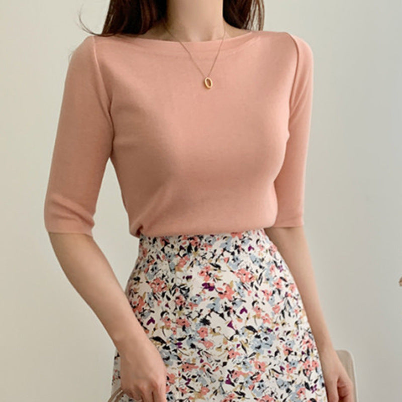 Boat-Neck Fine-Knit Top with Elbow Sleeves - pink front styling