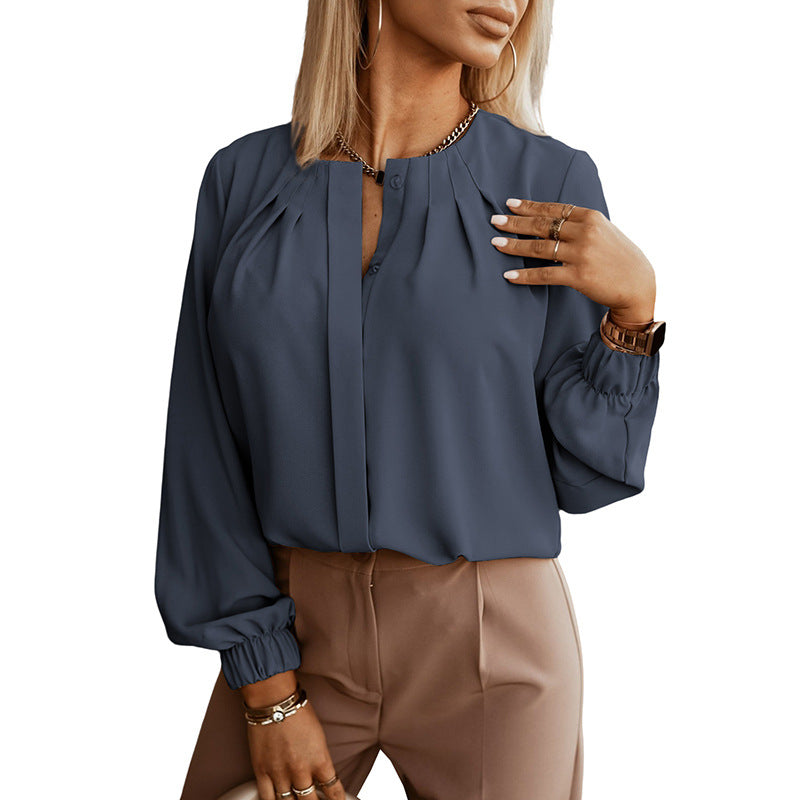 Blouse with Pleated Split Neck and Blouson Sleeves - dark grey front view