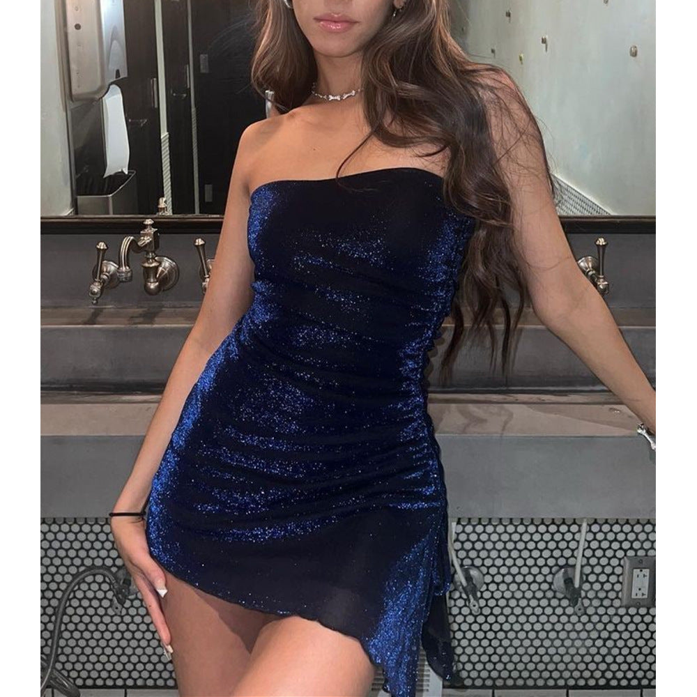 Mini Dress with Strapless Ruching and Asymmetric Hem - dark blue shimmer front close-up