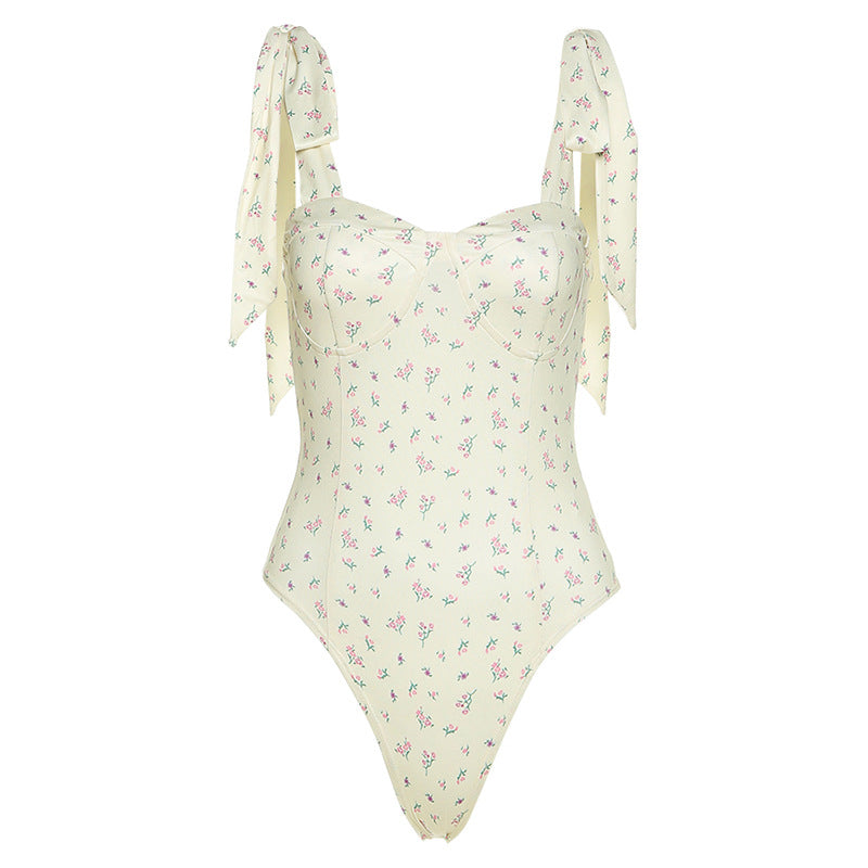 Swimsuit in Lemon Ditsy Floral with Tie Shoulders - flat front view