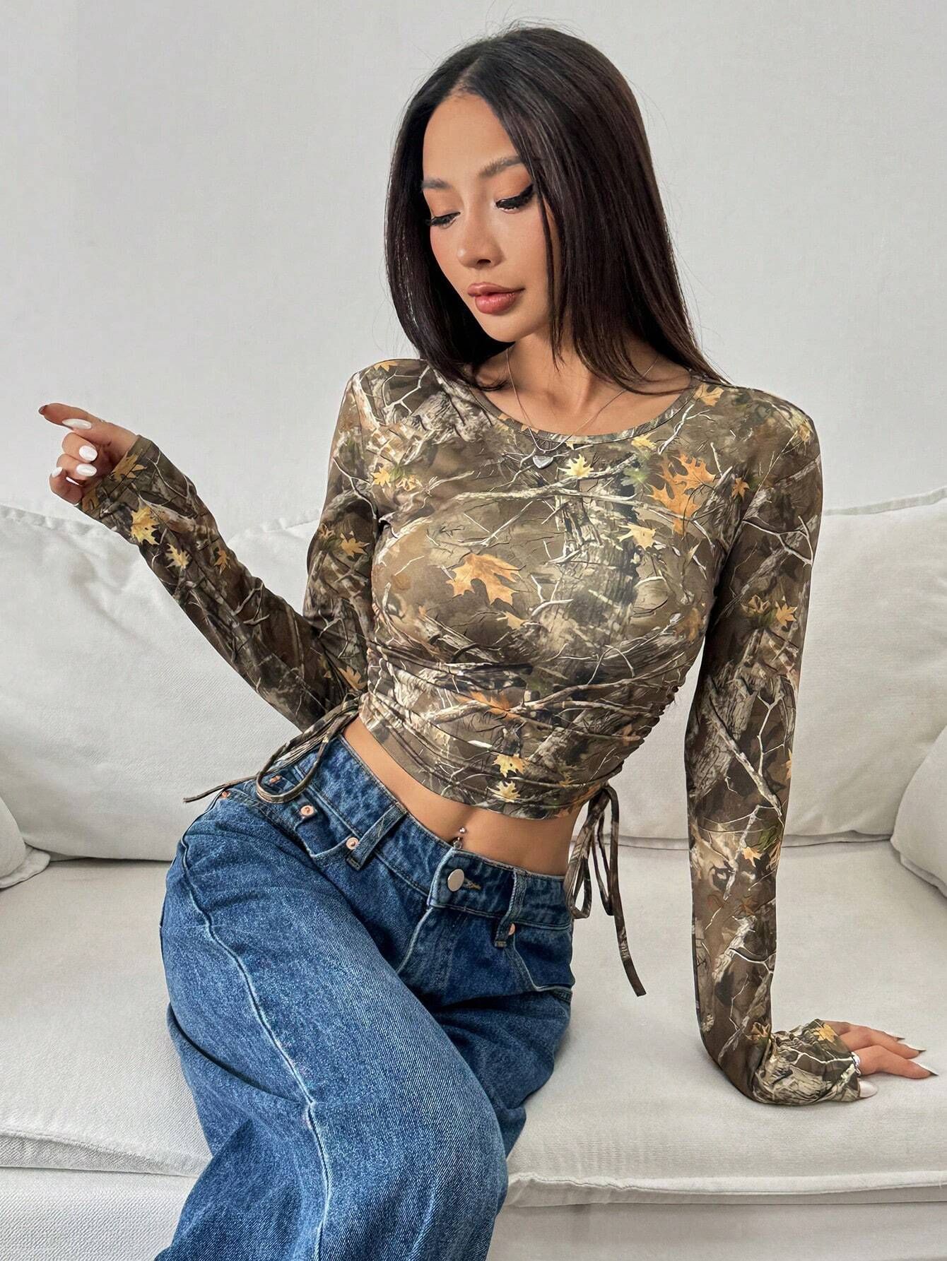 Long Sleeve Ruched Crop Top in Olive Branch-Print Mesh - olive seated lifestyle view