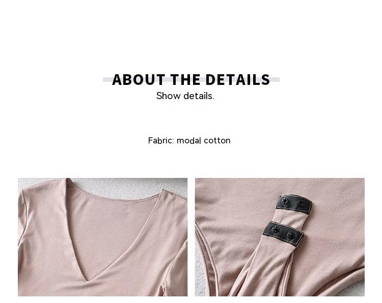 Bodysuit with V-Neck and Long Sleeves in Stretch Cotton - modal cotton neckline and popper fastening detail
