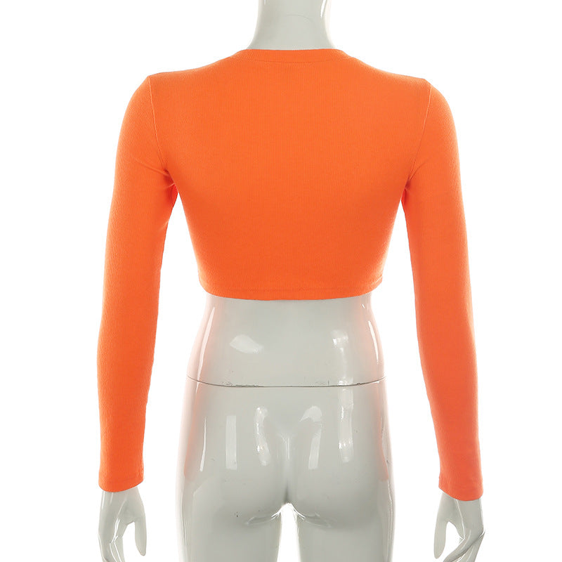 Crop Top in Orange Ribbed Knit with Daisy Applique - orange back view