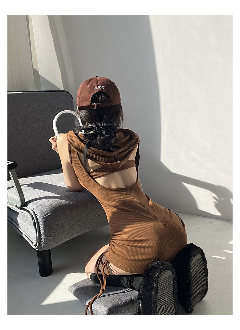 Playsuit with Hooded Cowl Neck and Ruched Sides - brown back view
