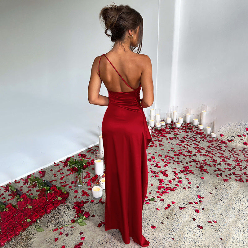 Maxi Dress in Satin with One-Shoulder Open Back and Split - red back view