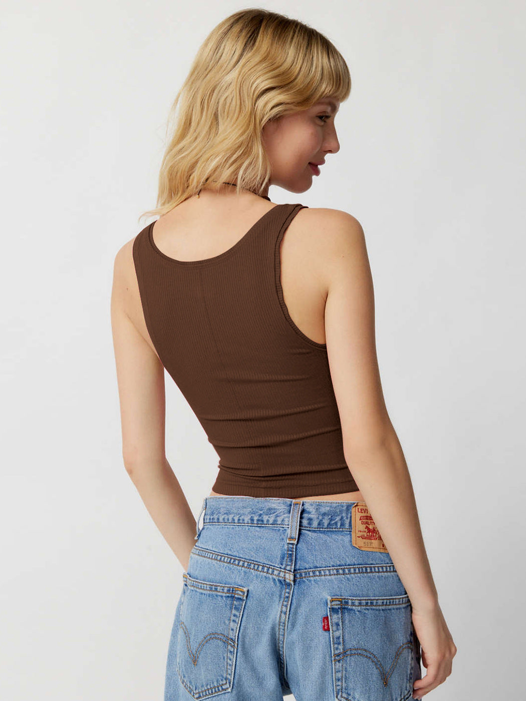 Crop Vest Top with Square Neck and Ribbed Stretch - coffee back view