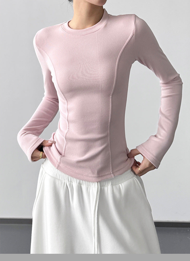 Long Sleeve Base Layer Top with Sculpted Seams - pink front full length