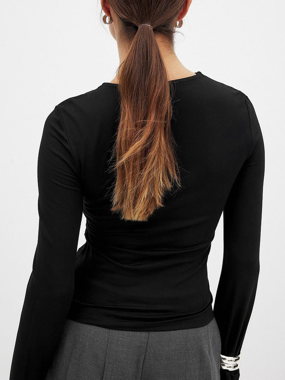 Top with Twist Cut-Out Neckline and Long Sleeves - black back view