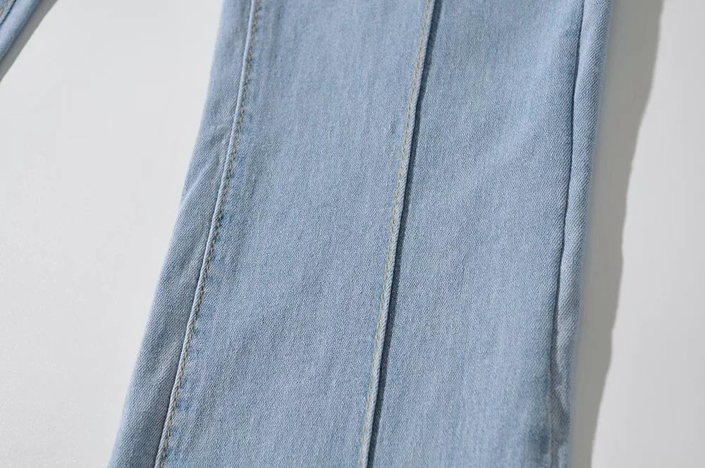 Bootcut Jeans with High Waist and Back Cut-Out - light blue centre seam close-up