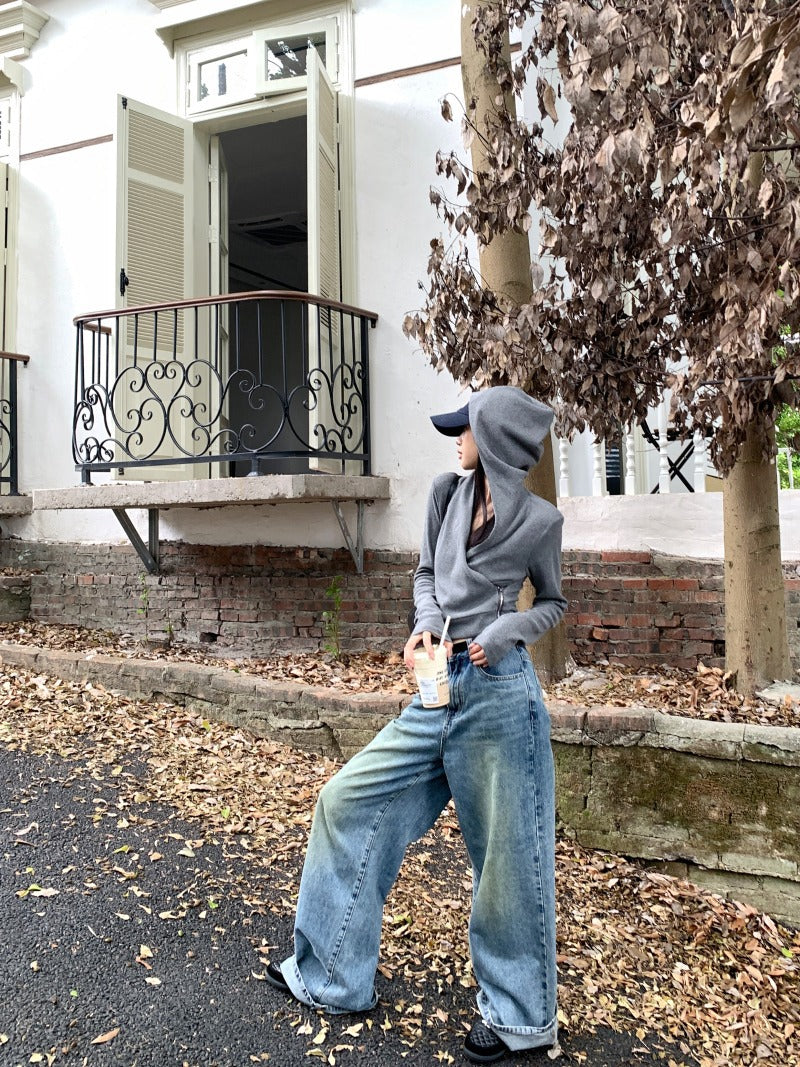 Crop Top in Grey with Wrap Front and Hood - grey full-length side view