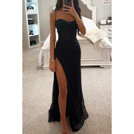 Maxi Dress in Glitter Mesh with Thigh Split - black front view