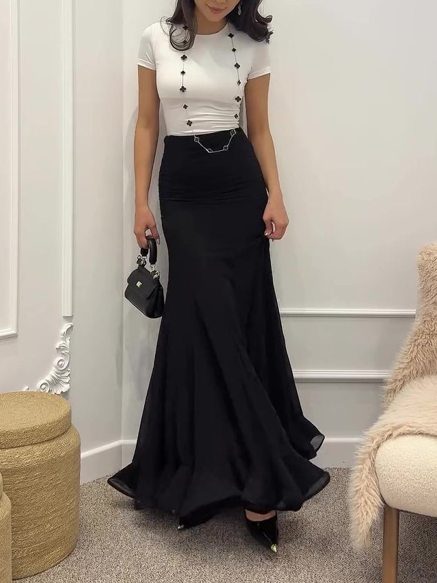 Ruffle Hem Pleated Maxi Skirt - Black, full-length styled shot
