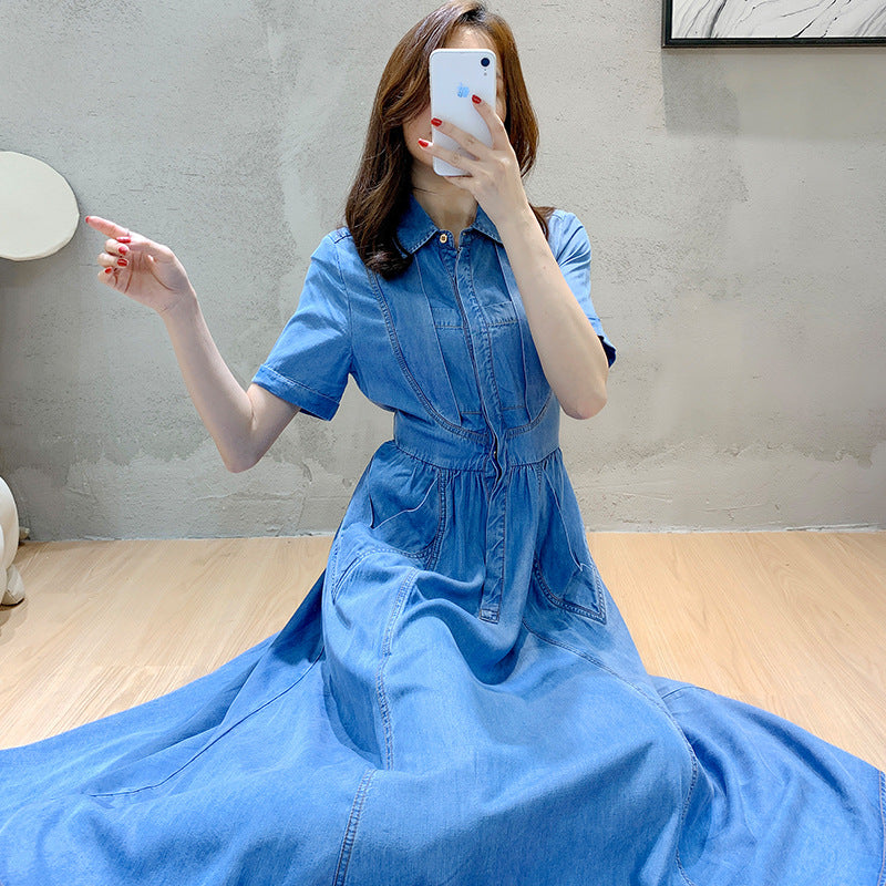Shirt Dress in Soft Blue Tencel Denim - blue skirt sweep and drape