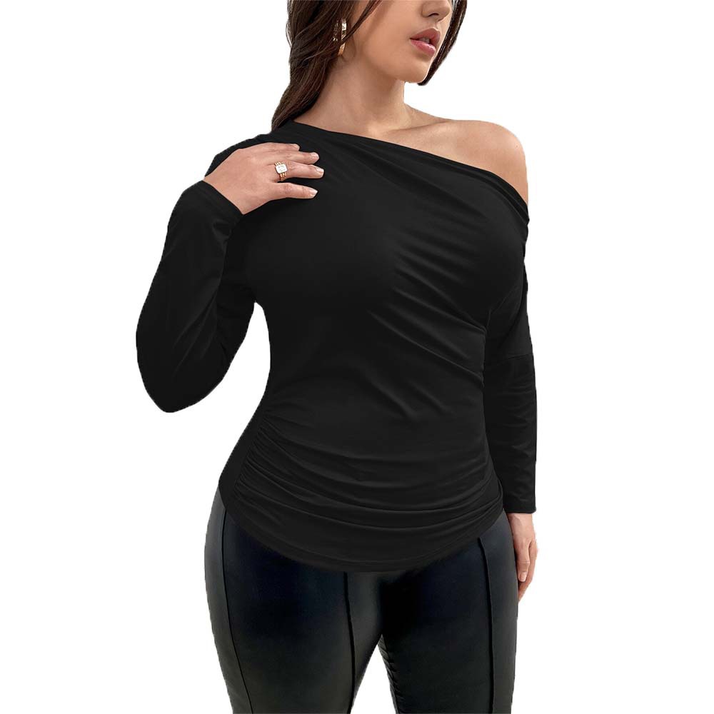 Top in Black with One-Shoulder Neckline and Ruched Waist - black studio front view showing asymmetric neckline