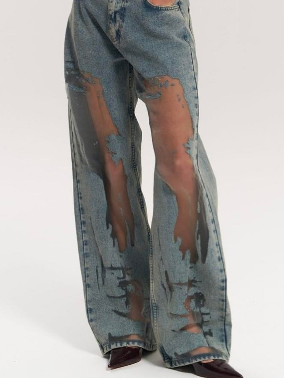 Wide-Leg Distressed Mesh Jeans in Blue - blue angled front full-length view