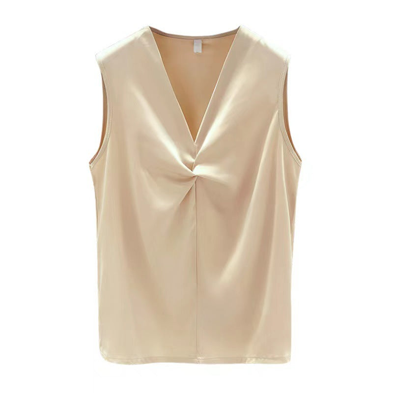 Sleeveless Satin Blouse with Twist-Front V-Neck - champagne flat lay