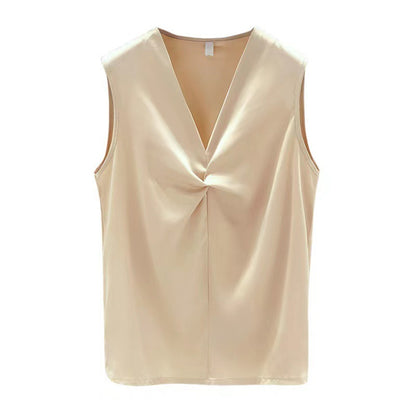 Sleeveless Satin Blouse with Twist-Front V-Neck - champagne flat lay