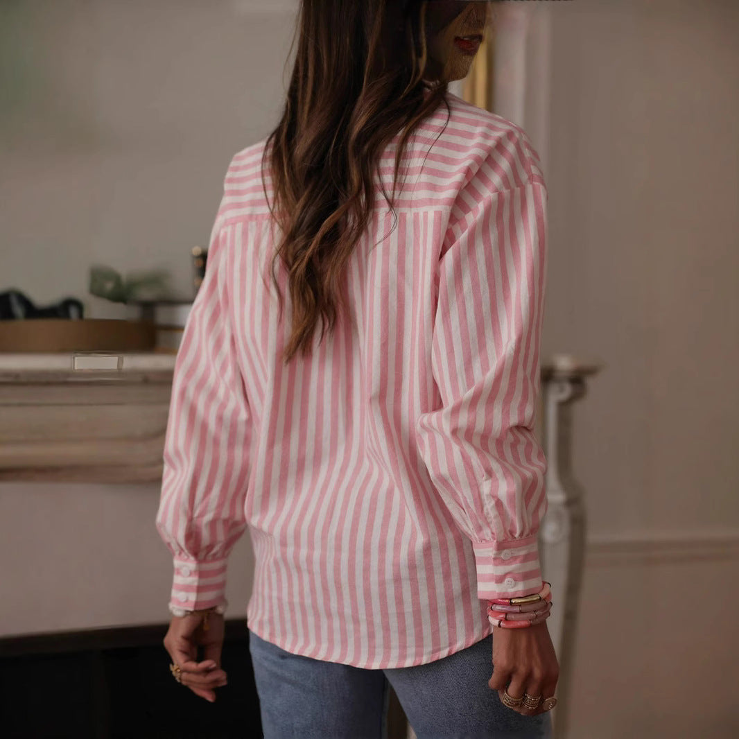 Shirt in Pink Stripe with Linen-Look Finish - pink back view