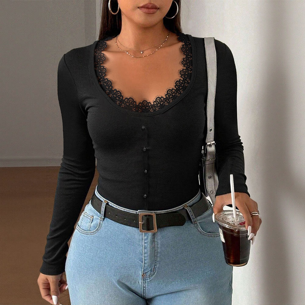 Top in Black with Lace-Trim Neckline - black front view with lace neckline