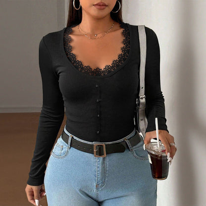 Top in Black with Lace-Trim Neckline - black front view with lace neckline